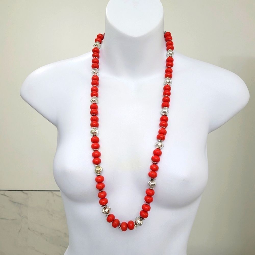 2/$20 Vintage Red & Silver Long Necklace Length: 30.5"